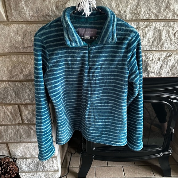 Laura Scott Teal Striped Women's Fleece Quarter Zip Pullover Medium - Picture 1 of 5